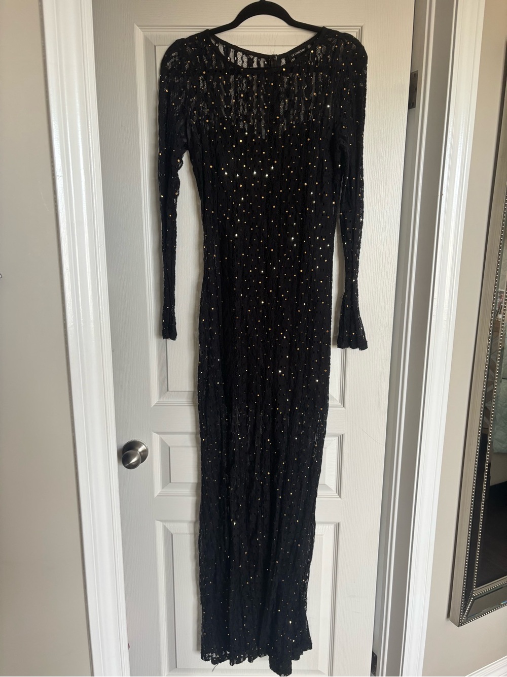 le chateau Black Long-Sleeve Sequin Evening Gown